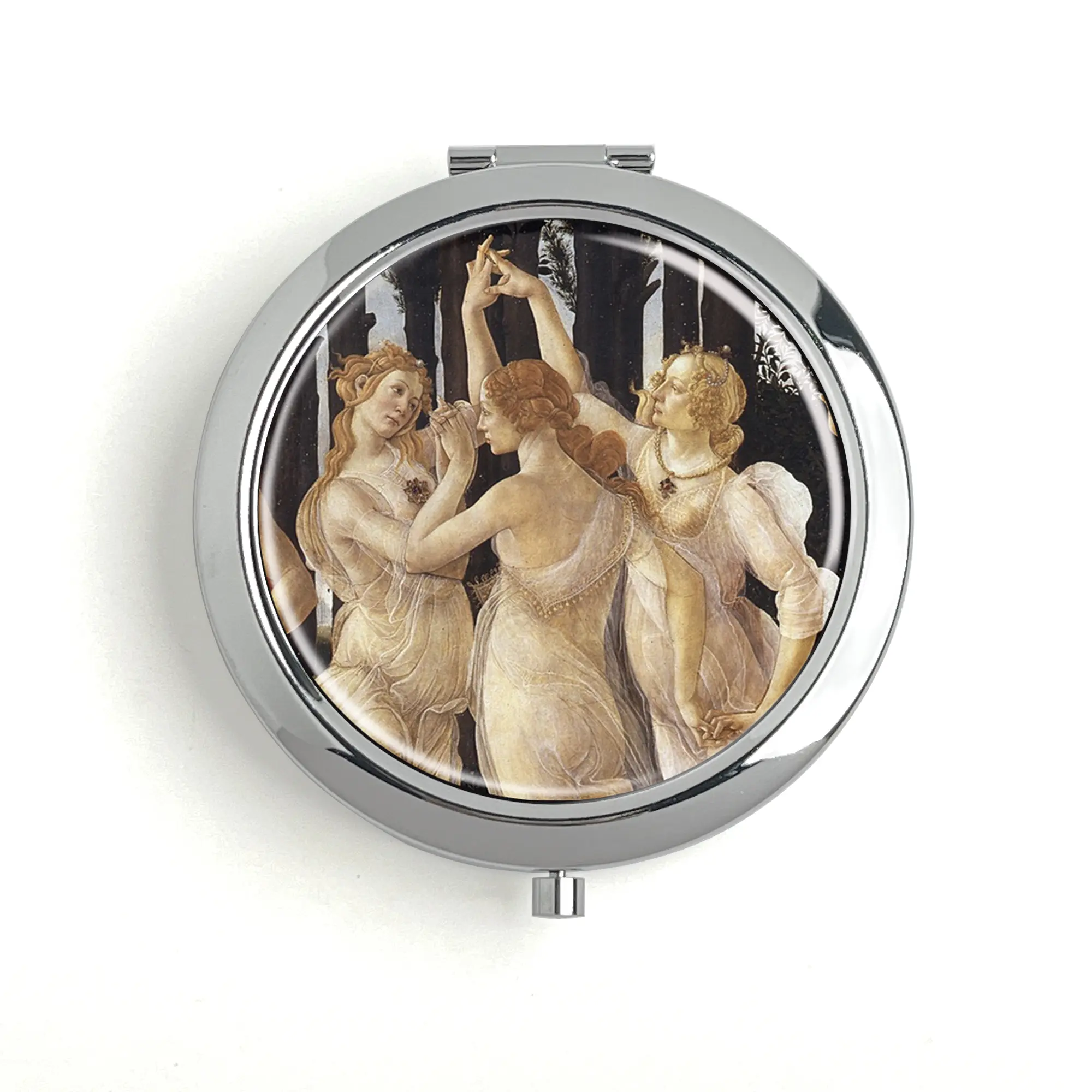 Sandro Botticelli Primavera 1479 Art Metal Pill Box Travel Pill Box Vitamin Organizer Built-in Makeup Mirror Unique Design Inner Diameter 60mm