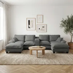 U-Shape Modular Cloud Couch, Sailboat Sofa with 2 Storage Consoles (Cup Holders & USB), 2 Ottomans + 2 Pillows, Plush Chenille Upholstered Oversized Sectional for Living Room, Apartment – Deep Seat, Convertible, Modern