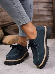 Women's One-Step Loafers Thick Sole Chunky Heel Fashion Elegant Round Toe Shoes, All Season Casual PU PVC Platform Loafers