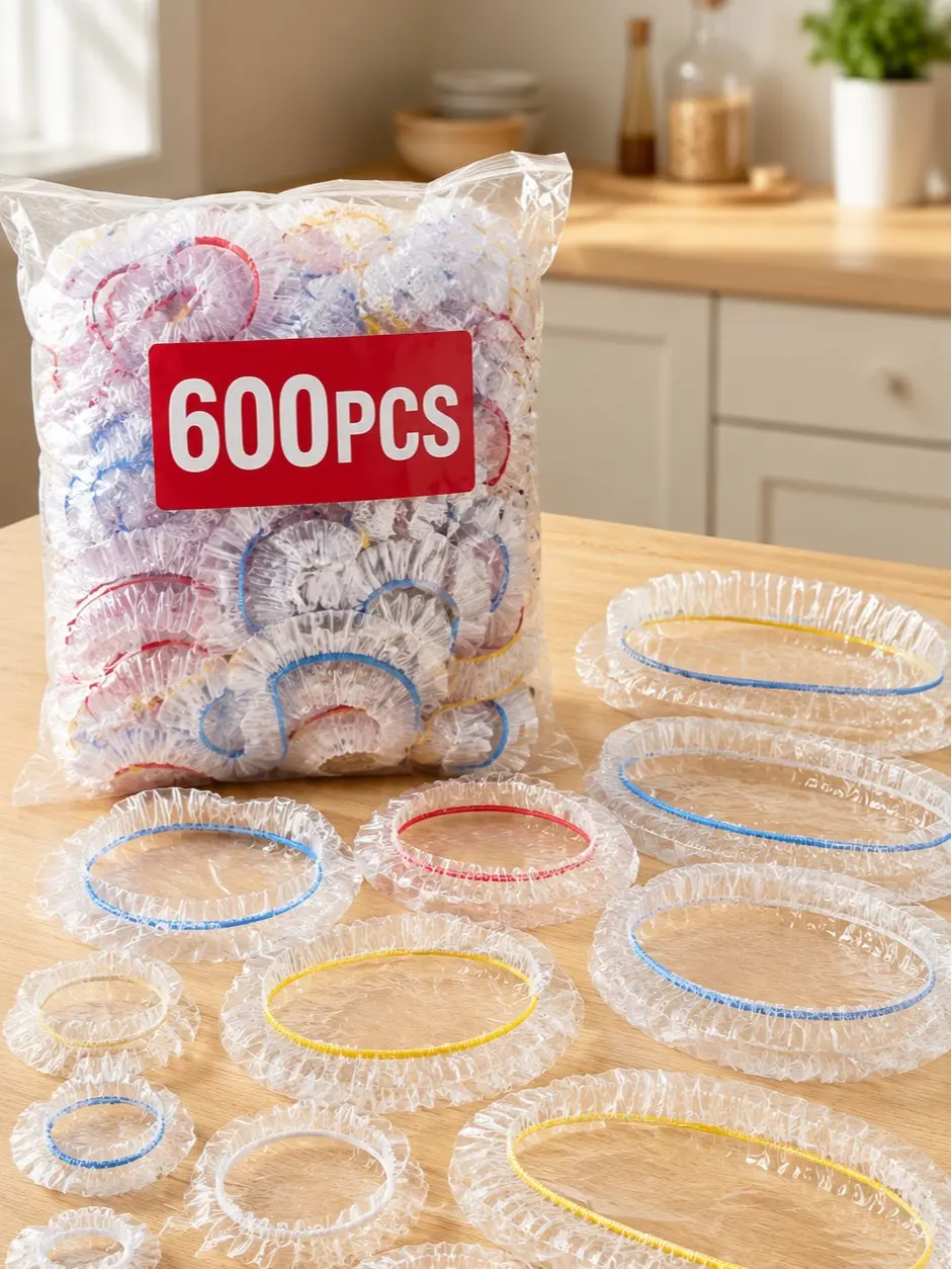 600Pcs Reusable Elastic Food Wraps, Thick Transparent Food-Grade Stretch Seal Covers, Dustproof Airtight Lids for Kitchen & Restaurant, Fit Round, Square Bowls, Plates & Cups