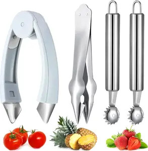 4 Piece Strawberry Huller & Tomato Corer Set,Stem Remover Tool for Strawberry,Potato,Pineapple,Multifunctional Vegetable Baller Stem Remover,Hand Tools Kits ﻿