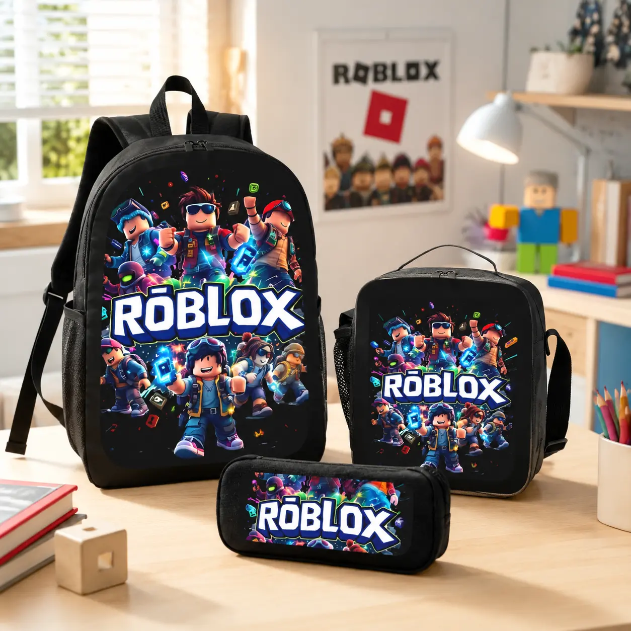 Roblox Graphic 3-Piece Backpack Set - Casual, Preppy Look, Built-In Organizer, Lightweight Durable Bookbag with Lunch Box & Pencil Case for Kids, College Students