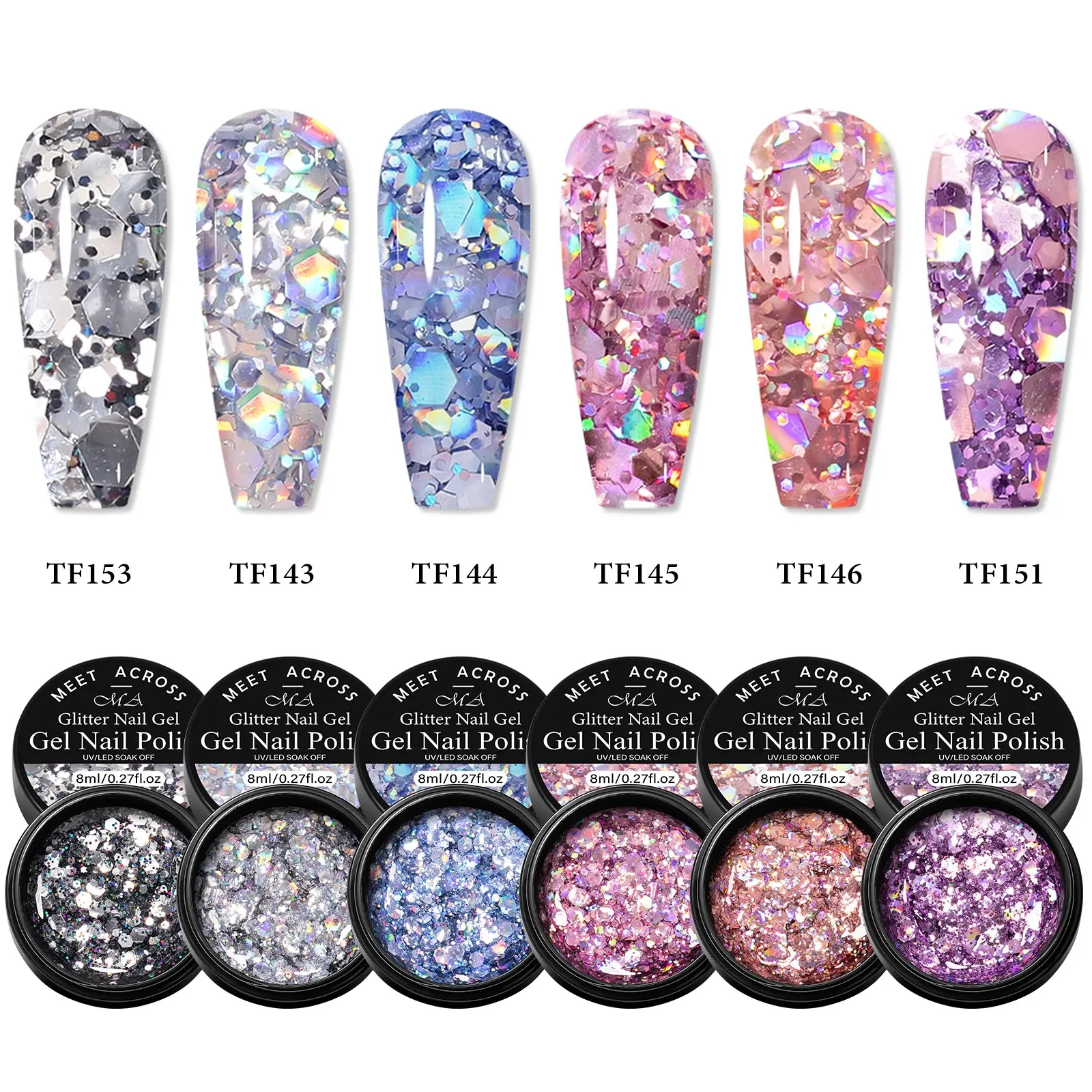 7pcs Broken Diamond Translucent Glitter Sequins Gel Nail Polish Set, Dreamcolor Reflective Nail Art Design, Gel Nail Polish Set, Sparkling Semi Permanent Soak off Nail Varnish for Home Salon, Manicure Nail Art, DIY Nails Art