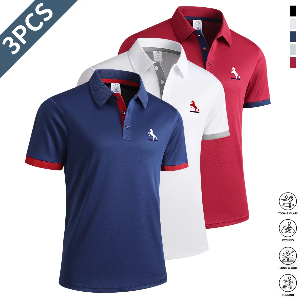 Navy blue + white + red