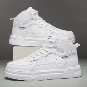 Men's Solid High Top Skate Shoes, Comfy Non Slip Lace Up Sneakers For Men's Outdoor Activities
