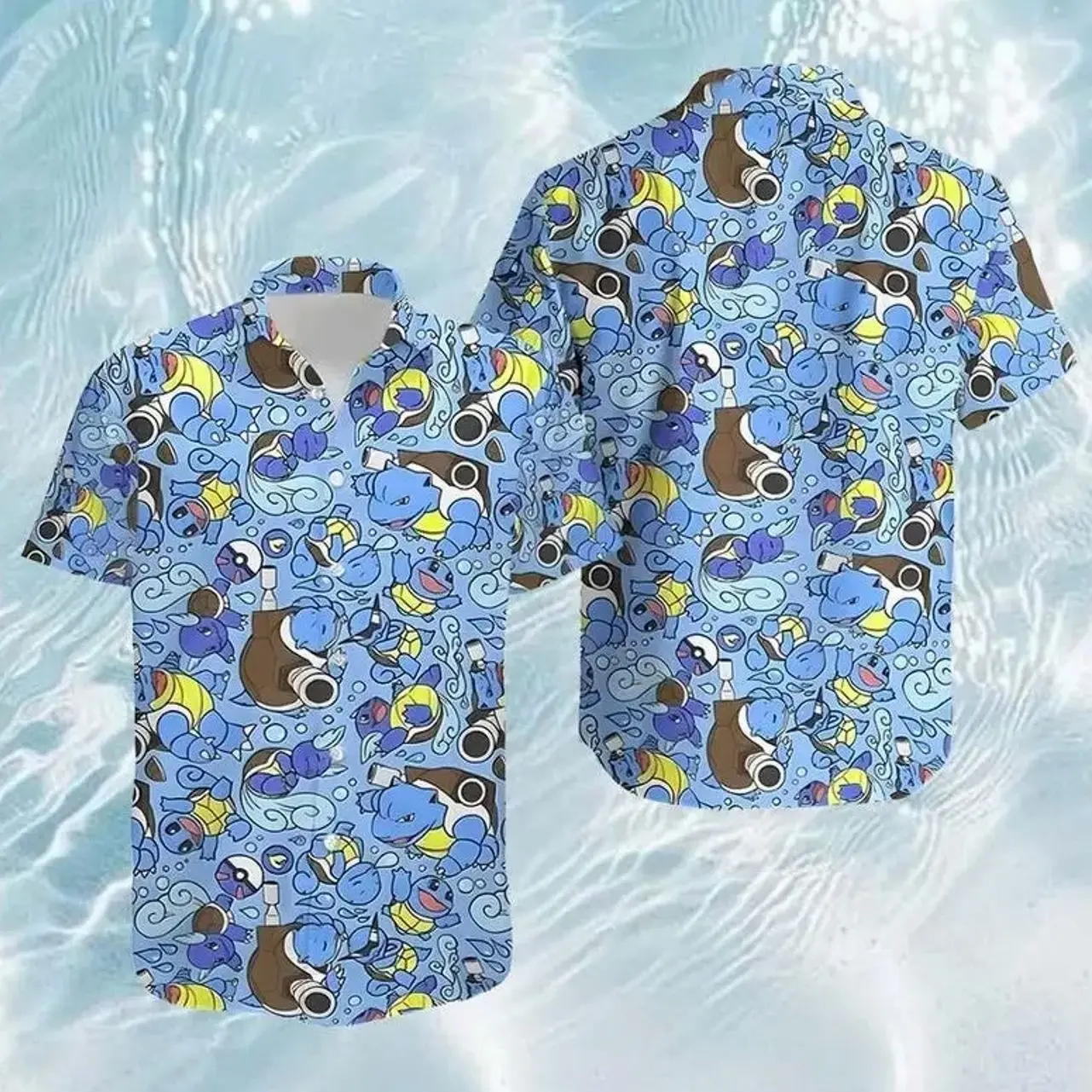 Blue Water Turtle Hawaiian Shirt, Cute Aquatic Monster Button Up, Summer Beach Cartoon All Over Print Shirt