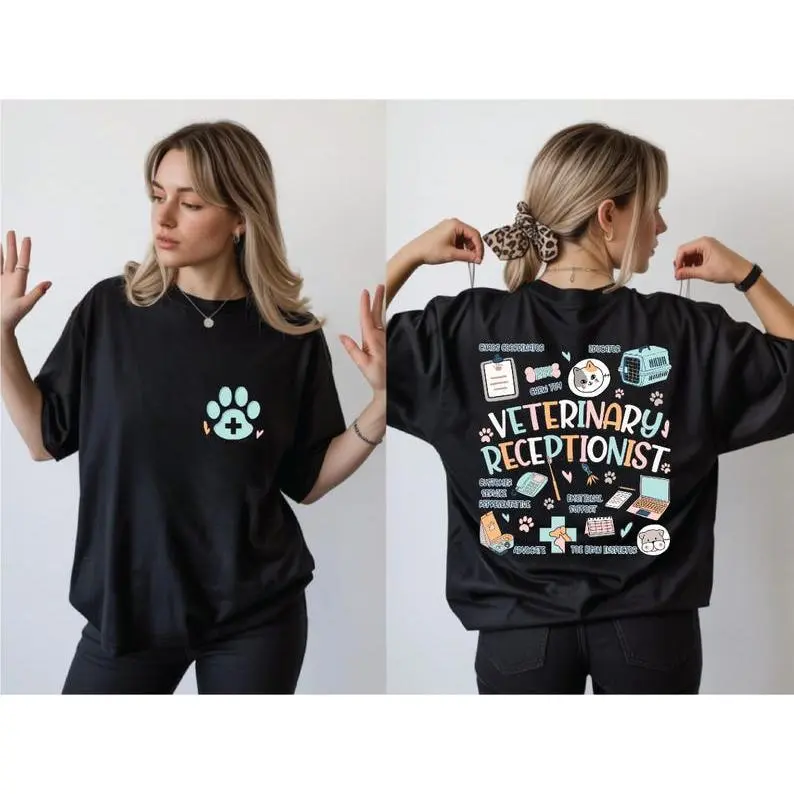Veterinary Receptionist Shirt, Vet Receptionist Gift, Front and Back Vet Clinic Staff Tee, Animal Care Office Shirt