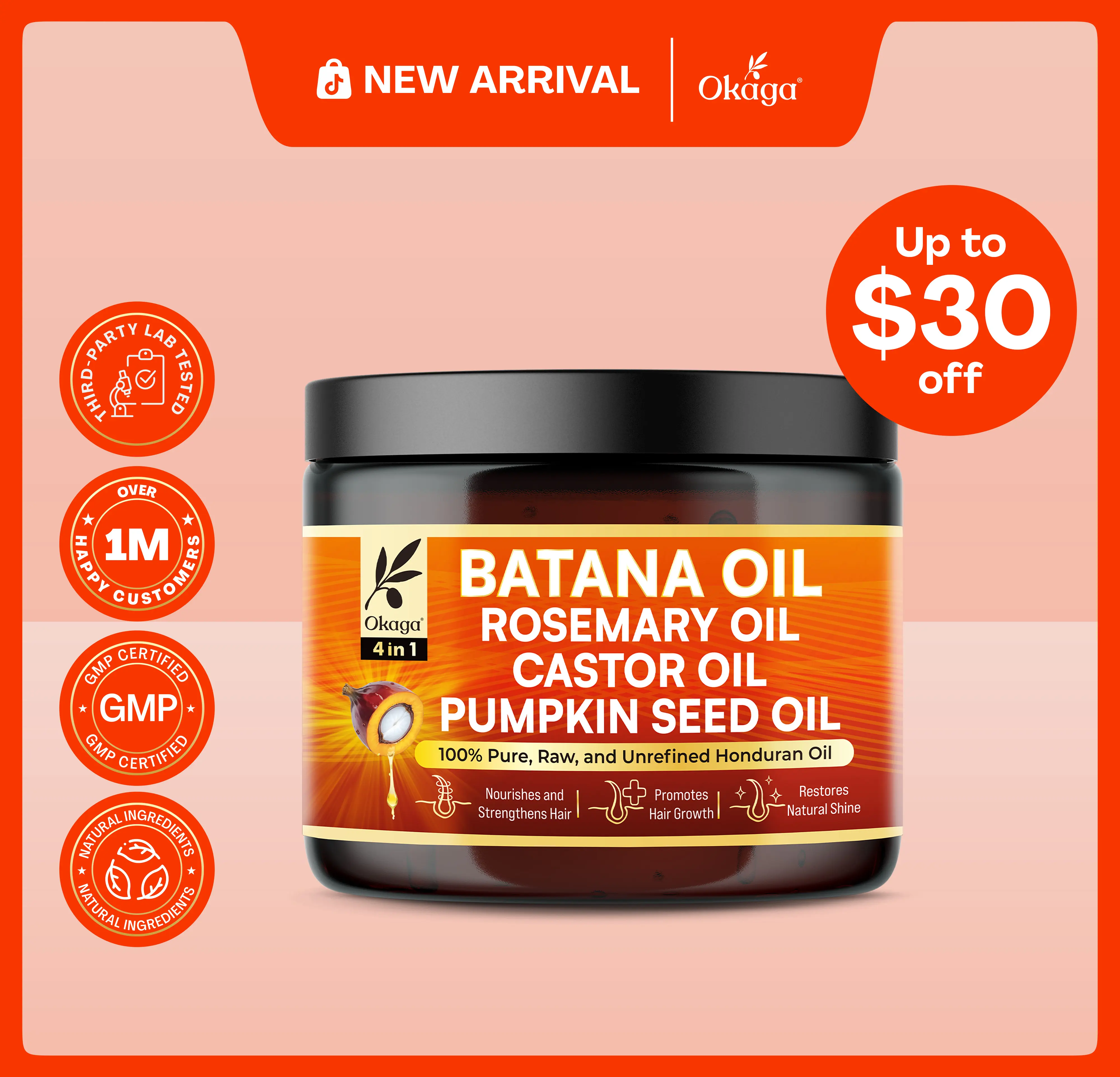 Okaga 4 in 1 Batana Oil Cream - with Rosemary, Castor, & Pumpkin Seed Oil - Hair Growth & Scalp Health Support - (5 oz)