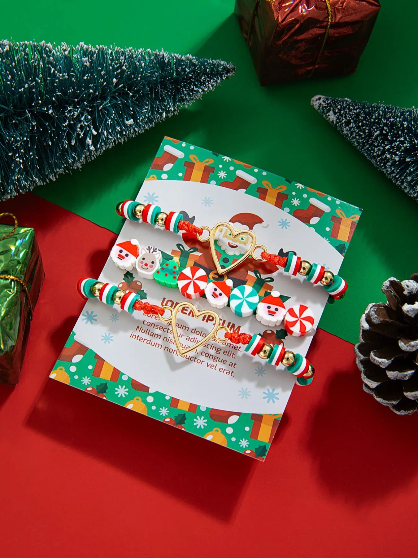 Christmas Soft Clay Bracelet Set, 3 Pcs Heart Tree Reindeer Design, Holiday Jewelry Gift, Random Pattern Styles Available