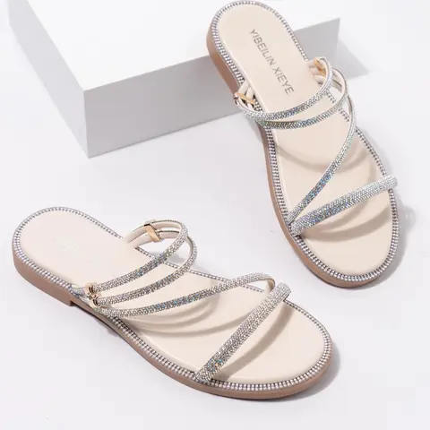 Women's Rhinestone Decorated Flat Sandals, Elegant Square Toe Sandals for Summer, Lightweight Breathable Comfortable Shoes for Daily Wear, Girl, Strapy Sandals, Classy Sandal, Glitter Design Slides, Fancy Sandals