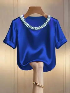 Women's Fashion Pearl Round Neck Solid Color Short Sleeve Fitted T-Shirt Top, Casual Summer Wear, Stylish Ladies' Clothing