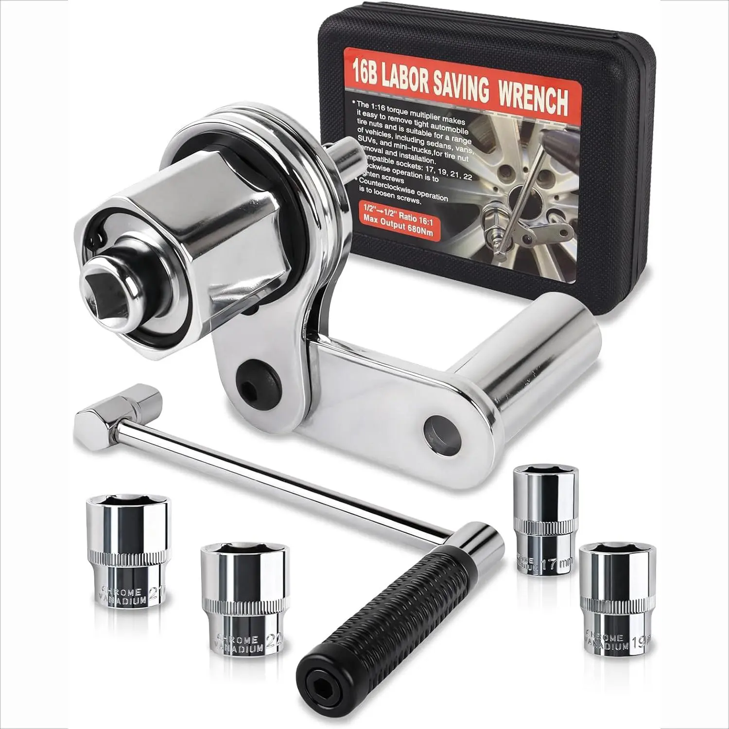 Torque Multiplier Wrench Set - 1:16 Gear Ratio 1/2 Drive Chrome Vanadium Tool, 680nm Torque, 3mm Thick Grip, Soft Silicone Handle, 17mm/19mm/21mm/22mm Sockets, Effortless Power Single Hand Tire Lug Nut Remover, Complete Portable Kit