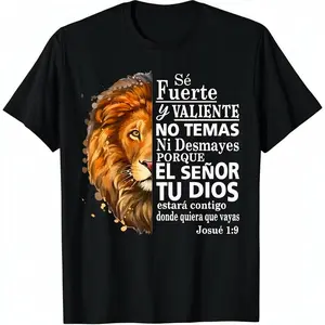 Men's Classic Oversized Short-Sleeve Round Neck Cotton T-Shirt - Unisex Casual T-Shirts with Valiente Josue 1:9 Spanish Christian Bible Verse Graphics