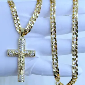 Premium 14K Gold Concave Jesus Christ Chain Necklace 24inch Unisex Faith Unity Jewelry Gift for Spiritual Style Gold Signature Cross