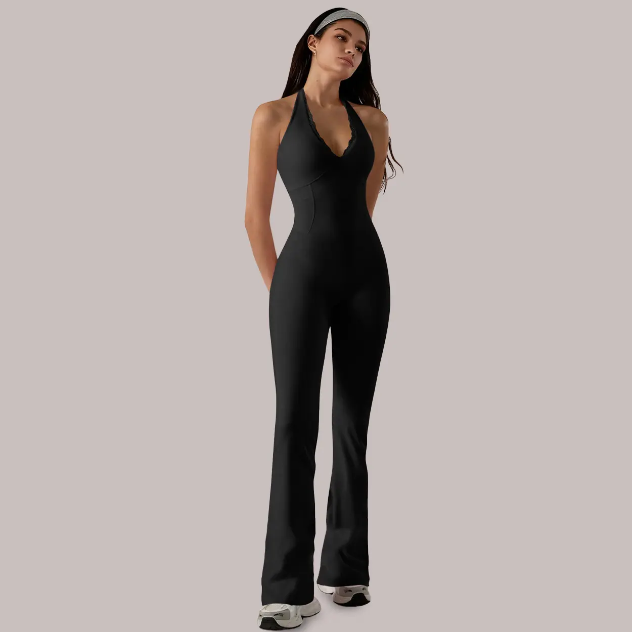 Women's 1-Piece Fitted Yoga-to-Workout Jumpsuit, Halter V-Neck, Lace Trim, Cutout Back, Stretch Tummy Control, Flare Leg Bodycon Cut Sport Overalls