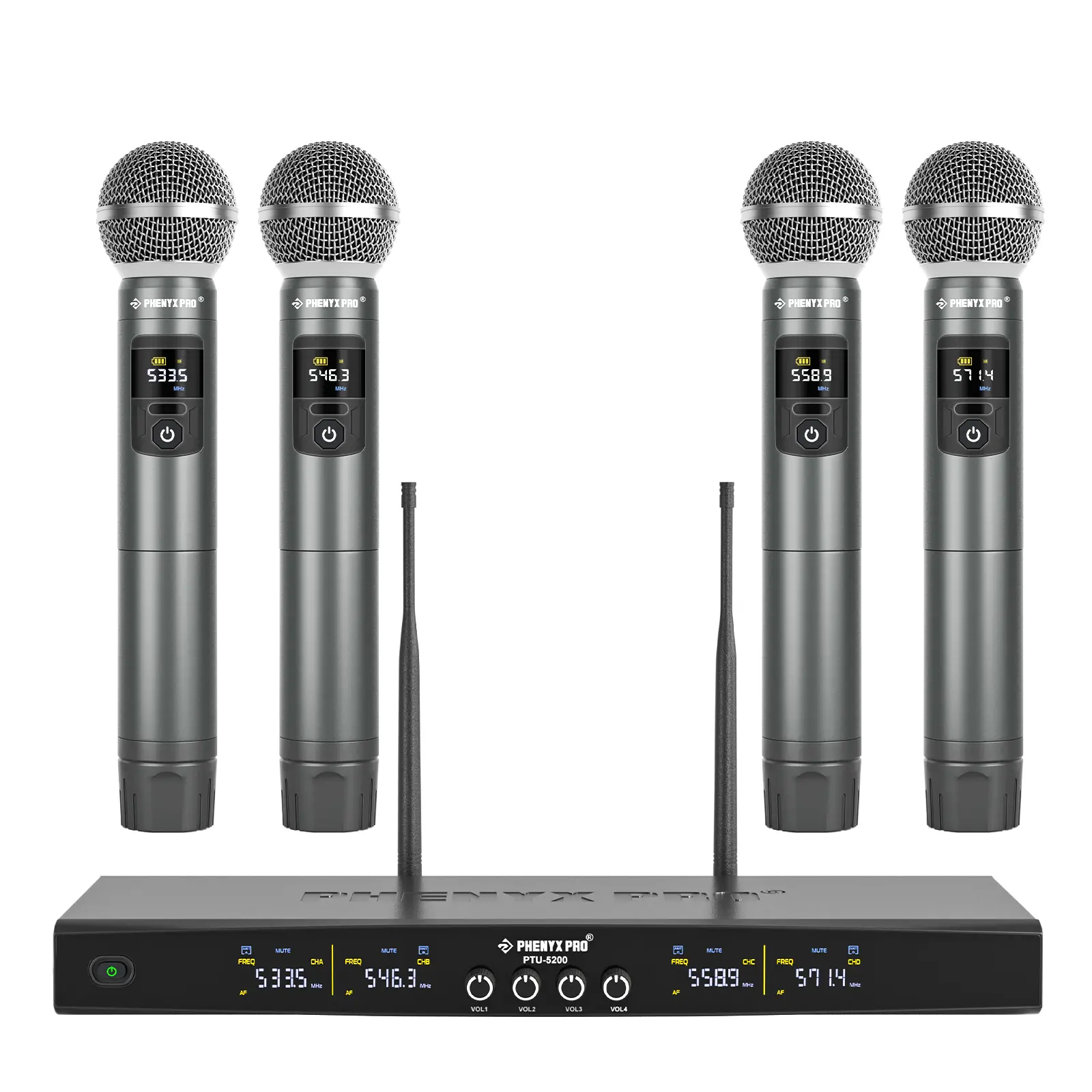 Phenyx Pro UHF Wireless Microphone System with 4 Metal Cordless Dynamic Mics, 4x25 Adjustable Frequencies, 200ft Range, Audios Support for Singing, Karaoke (PTU-5200-4H)
