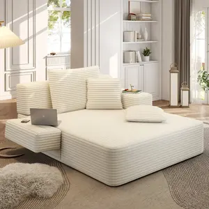 Luxury Plush Corduroy Convertible Sofa Bed, Oversized Chaise Lounge with 3 Pillows & Storage Pocket, Frameless Compression Foam Design for Small Spaces, No Assembly Required Sleeper Chair for Living Room, Apartment