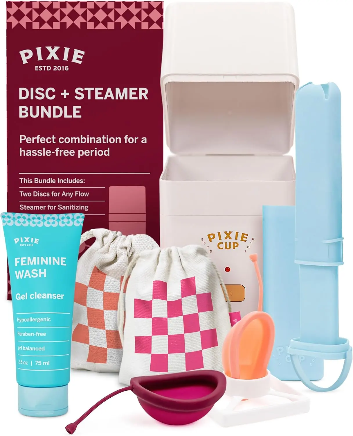 Pixie Menstrual Disc Collection - 2 Reusable Period Discs with Applicator, Sterilizer, Feminine Wash & Totes for Feminine Care, Tampon-Style Insertion - All-in-One Easy Period Solution
