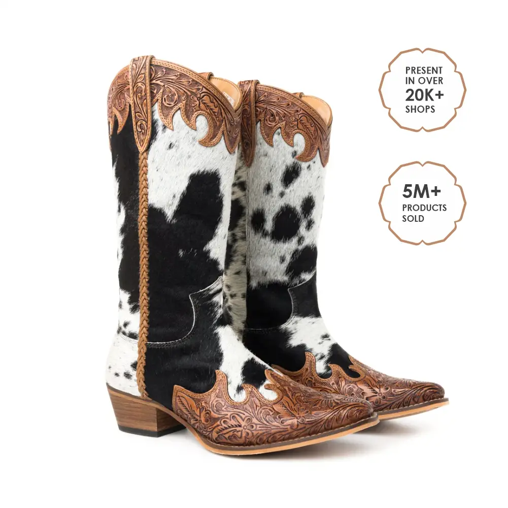 Adelaide Women's Statement Western Boots, Hand-Tooled Black and White Hair-On Leather High-Tops with Snip-Toe & Cushioned Foam Insole, Western Wear For Women, Statement Shoes, Comfortable Heels, Cushion Foam, Casual Wear, Natural Hide, Rubber Sole, 13" Sh