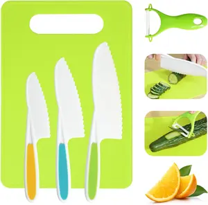 Mothers Day Gift Kids Knife Set, 5 Pcs Montessori Kitchen Tools for Toddlers' Real Cooking, BPA Free Kids Safe Kitchen Cooking and Baking Set with Peeler, Cutting Board for Sandwich Bread Vegetable Fruit Present Gift