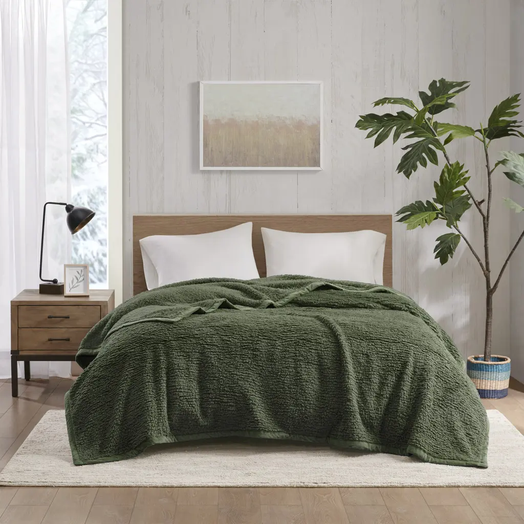 360 Stand Burlington Berber Blanket WR51-3911 - Bedroom Bedding, Casual Soft, Home Decor, Thick Warm Blanket for Cozy Setup, Berber Weave Polyester Fiber, Layered Warmth, Transitional Look, Machine Washable, Green, 90x90x0.25in, Full & Queen Size