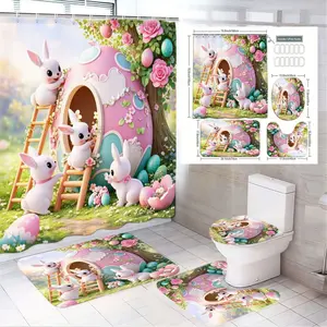 1/4pcs Easter Bunny Egg House Pastel Bathroom Set - Pink Egg Shower Curtain with White Bunnies, Wooden Ladder, Tree Roses, Pastel Eggs, Matching Bath Mats & Toilet Seat Cover, Springtime Playful Decor for Bathroom, Cute Pink Blue Green Egg & Bunny