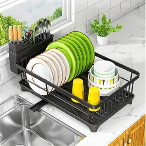 Dish Drying Rack - Space-Saving Small Dish Rack for Kitchen Counter, Rust-Resistant Kitchen Drying Rack, Compact Dish Drainer Organizer with Utensil Holder for Home Kitchen, Black