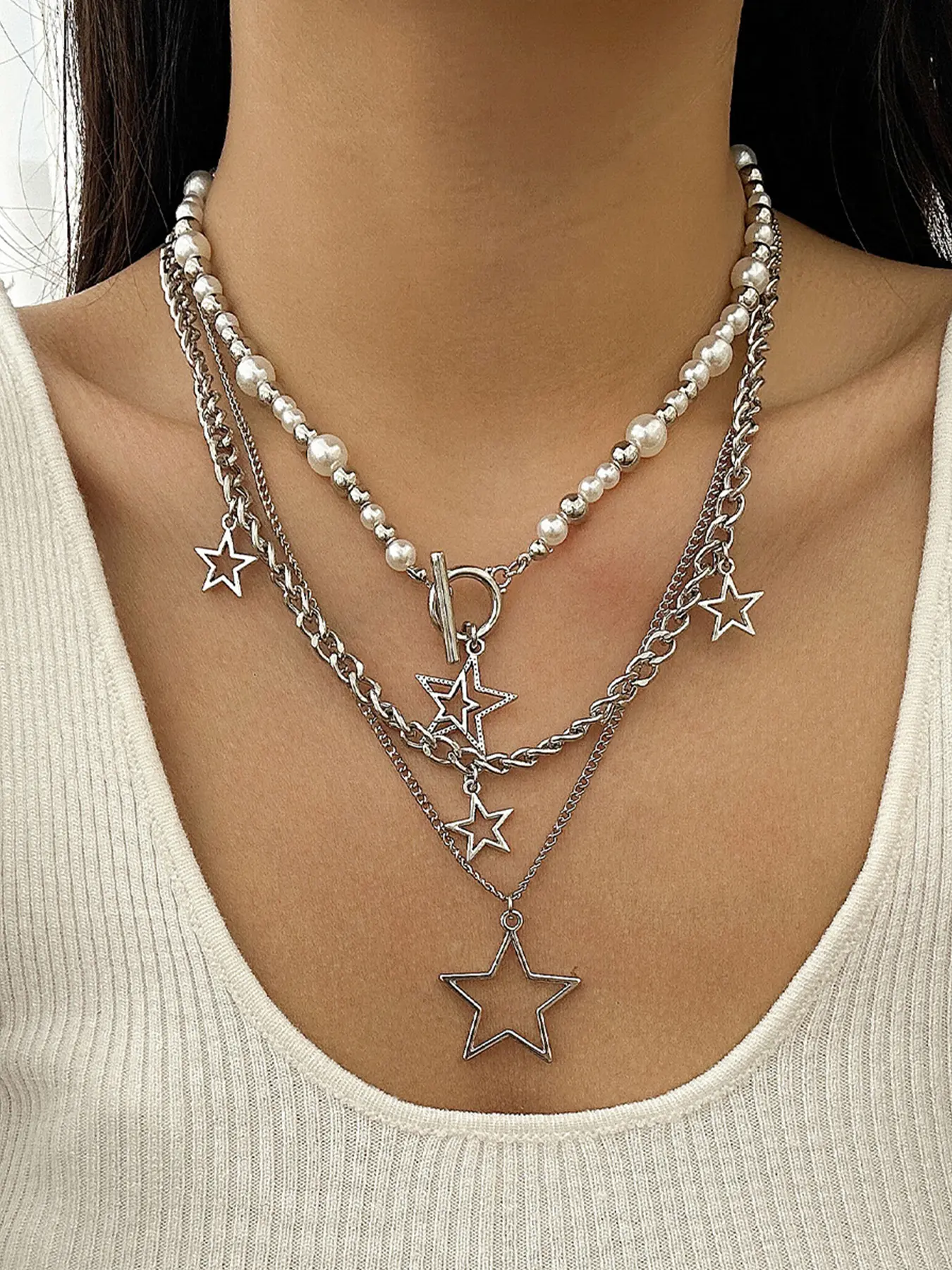 Silver Y2K Necklace Star Stackable Necklaces Chain y2k Accessories Jewelry Dainty Stacked Pearl Necklace Set Cross Necklaces for Women Party Club Music Festival Accessories