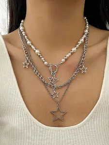 Silver Y2K Necklace Star Stackable Necklaces Chain y2k Accessories Jewelry Dainty Stacked Pearl Necklace Cross Necklaces for Women Party Club Music Festival Accessories