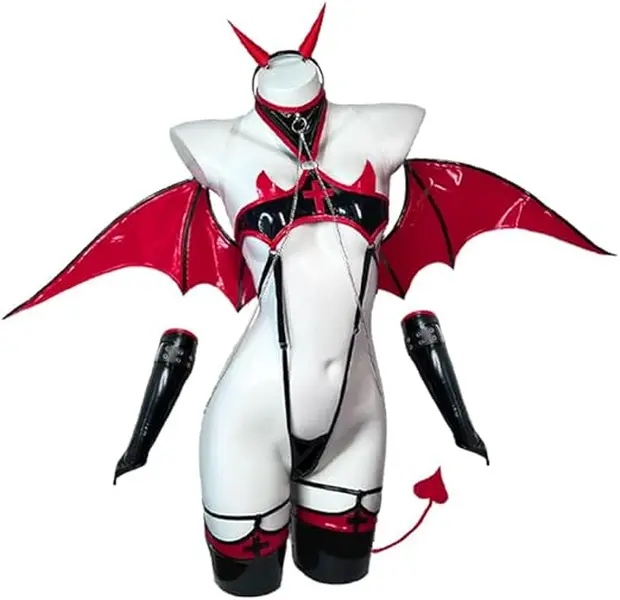 KORURACLUB Women's Halloween Devil Nurse Cosplay Costume (KO17) - Premium Red PU Bodysuit, Witchy Corset Vest, Bat Wings, Lady's Special Outfit & Accessories