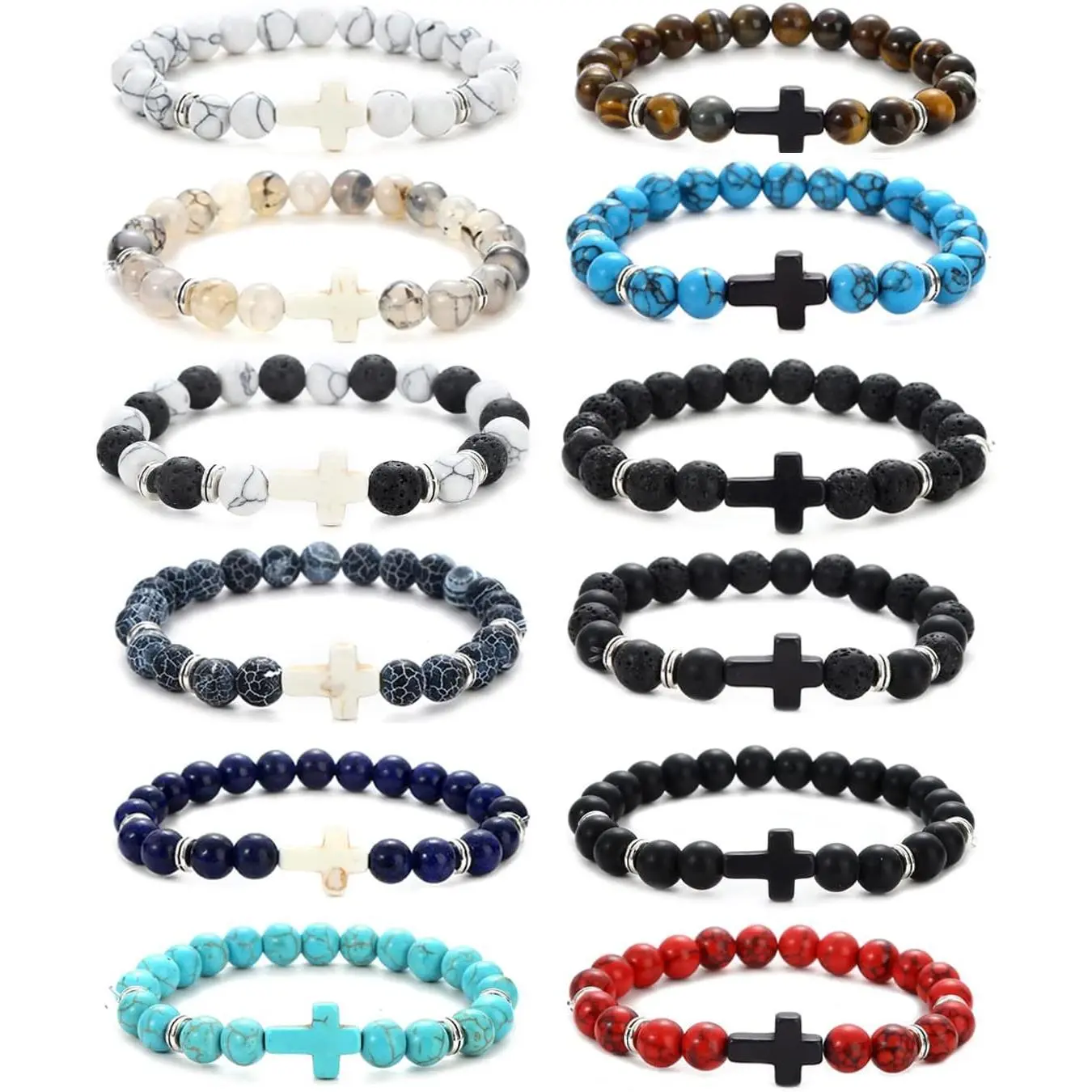 12-Piece Lava Stone & Tiger Eye Beaded Bracelet Set, 8mm Handmade Stacks with Cross Motif for Men & Women, Adjustable 7.5-Inch for Daily Wear, Adjustable Beaded Design, All Seasons, Versatile, Birthday, Multi-Colors, Choking Hazard Small Parts, Unisex, 7.
