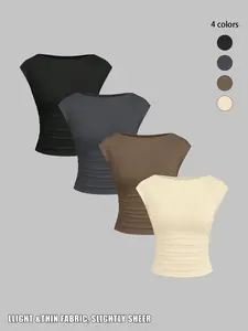 Women's 4-Piece Fashion Casual Knit Round Neck Fitted Ruched T-Shirt Set, Plain Short Sleeve, Soft Breathable Fabric, Daily Wear