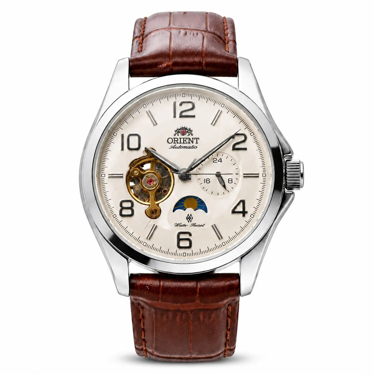 Orient Automatic Mechanical Watch for Men, Brown Leather Strap Cream Dial Skeleton Open Heart Moon Phase 24H Display Analog Wrist Watch, Classic Business Dress Self-Winding Watch, Waterproof Luxury Casual Dress Watch Gift for Father Husband Daily Wear