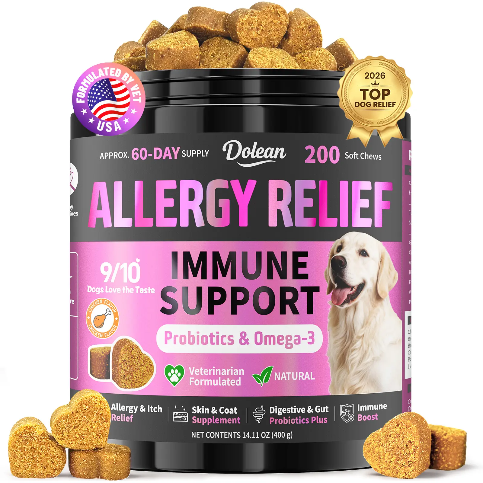 Dog Allergy Chews, Dog Allergy Relief for Itching Skin, Paw Licking, Yeast Relief, Hot Spots, Itchy Ears & Seasonal Allergies, Immune Support– with Colostrum, Probiotics – Chicken Flavor (200ct)