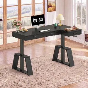 SEDETA 59 Inch L Shaped Electric Standing Desk with Drawers, Executive Adjustable Desk with Power Outlets, Sit Stand Computer Table for Home Office