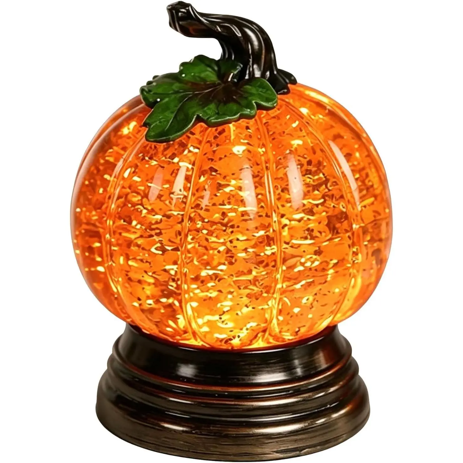Light-Up Glitter Pumpkin Snow Globe – Halloween decoration emitting a warm orange LED glow; features an autumn-themed design with swirling glitter inside; perfect as a Thanksgiving table centerpiece or seasonal gift (Pack of 1).