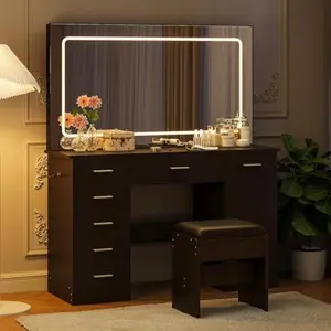 Vanity with Chair and Mirror and 7 Drawers Storage, Black Makeup Vanity Desk with Lights, Vanitys Set with 3 Light Mode and Brightness Adjusted, Make Up Table with Hairdryer Holder for Bedroom