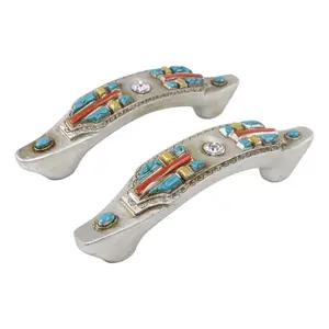 Set of 8 Rustic Southwestern Turquoise Cross Gemstones Crystal Cabinet Bar Pulls