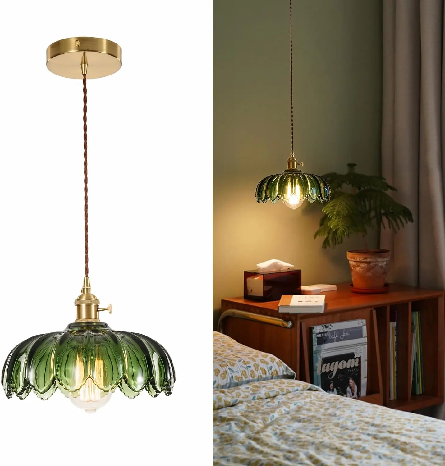 Glass Pendant Light Vintage Light Fixtures (No Bulb Included) Glass Pendant Lights Kitchen Island, Gold Pendant Light, Modern Chandelier Pendant Shade Green Light Fixture for Bedroom Hotel Dining Room