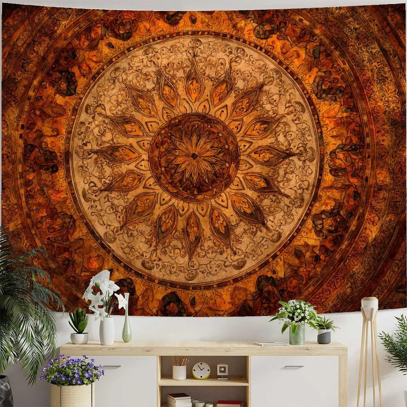 Boho Mandala Tapestry Wall Hanging Hippie Bohemian Floral Medallion Indian Tapestry Aesthetic Wall Art Small Vintage Orange Brown Tapestries for Bedroom Living Room Dorm Decor