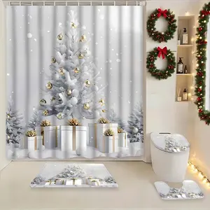 Christmas Theme Silver Color Bath Curtain Set with Hooks, Includes Bathroom Mat, Toilet Lid Cover, U-Shaped Pad, Holiday Gift Idea
