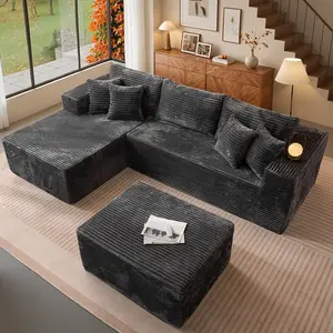 2 Packages 108" W Corduroy Sectional Boneless Cloud Couch with Chaise No Assembly Required L Shaped Modular Sectional Sofa Oversized Cozy Fluffy Sofa for Living Room Upholstered Sofas