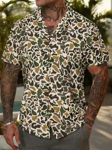 Men's Camo Print Cuba Collar Shirt, Casual Shirts, Hawaiian Camouflage Shirt, Tropical Button Up Style