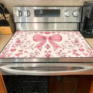 1pc Romantic Pink Bow and Floral Print Kitchen Counter Drying Mat - Polyester, Absorbent, Heat-Resistant Pad for Dish Rack, Coffee Machines, Microwaves |   Ideal for Valentine's Day Decor