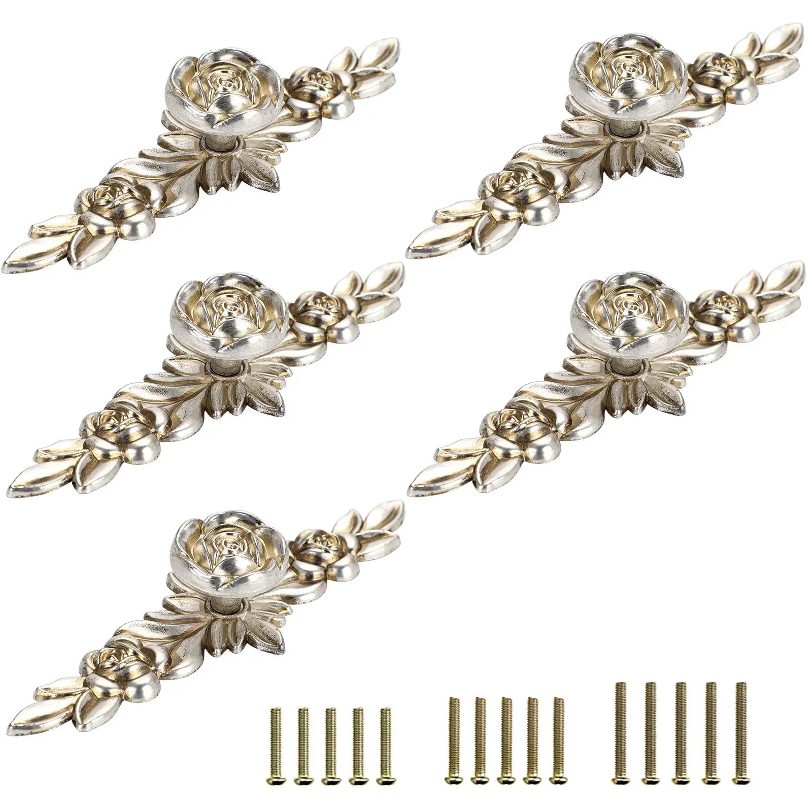 Pack Of 5 Euro Rose Decorative Cabinet Knobs With Plate  Floral Drawer Knob Cupboard Door White Pulls Handle For Dresser
