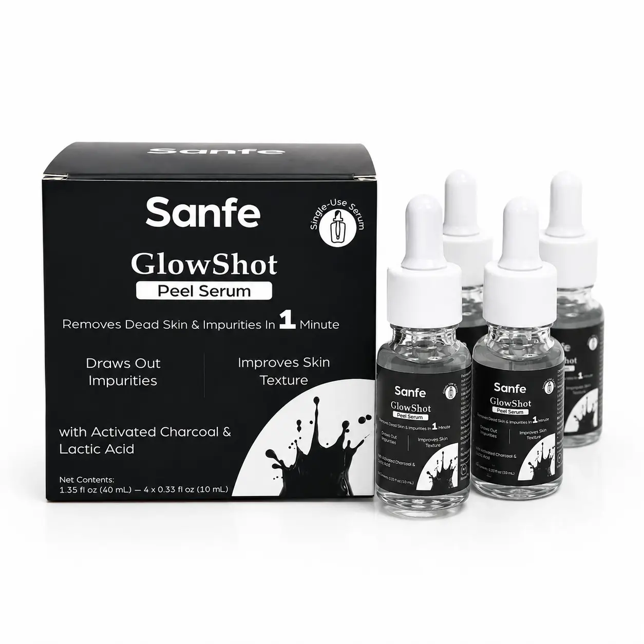 Sanfe Glow Shot Peel Serum with Charcoal Actives & Lactic Acid, Blackhead Remover, Clogged Pores Solution for Facial Skincare, Suitable for all Skin Types, Pack of 4 vials