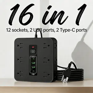 16-in-1 Surge Protector Power Strip With 12 AC Outlets (3-Side Access) & 4 USB Ports (2 Type-C Fast Charging) ,Compact Portable Design For PortablePower/Home/Office/Travel/Dorm - Overload & Space-Saving Protection