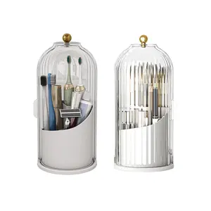 Dustproof Bathroom Organizer for Electric Toothbrush & Toothpaste,Rotating Toothbrush Holder with Cover,  3-Slot Countertop Storage for Makeup Brushes, Space Saving Vanity Organizer, Water-Resistant Desktop Holder (White) waterproof