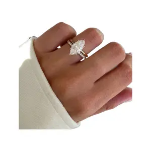 2pcs Set S925&925 Sterling Silver Single Row & 2ct Horse Eye Shape Rings Set Elegant For Women Dating Party Stackable Ring Anniversary Occasion