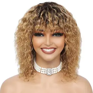 human wigs short water wave wig with bangs 100% human hair no lace front wigs brown highlight 4/27 wet and wavy human hair wig for black women 12 inch